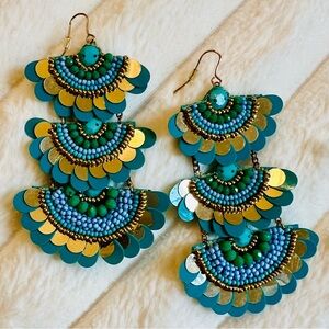 Tiered Fan Shape Sequin and Bead Earrings Turquoise & Gold